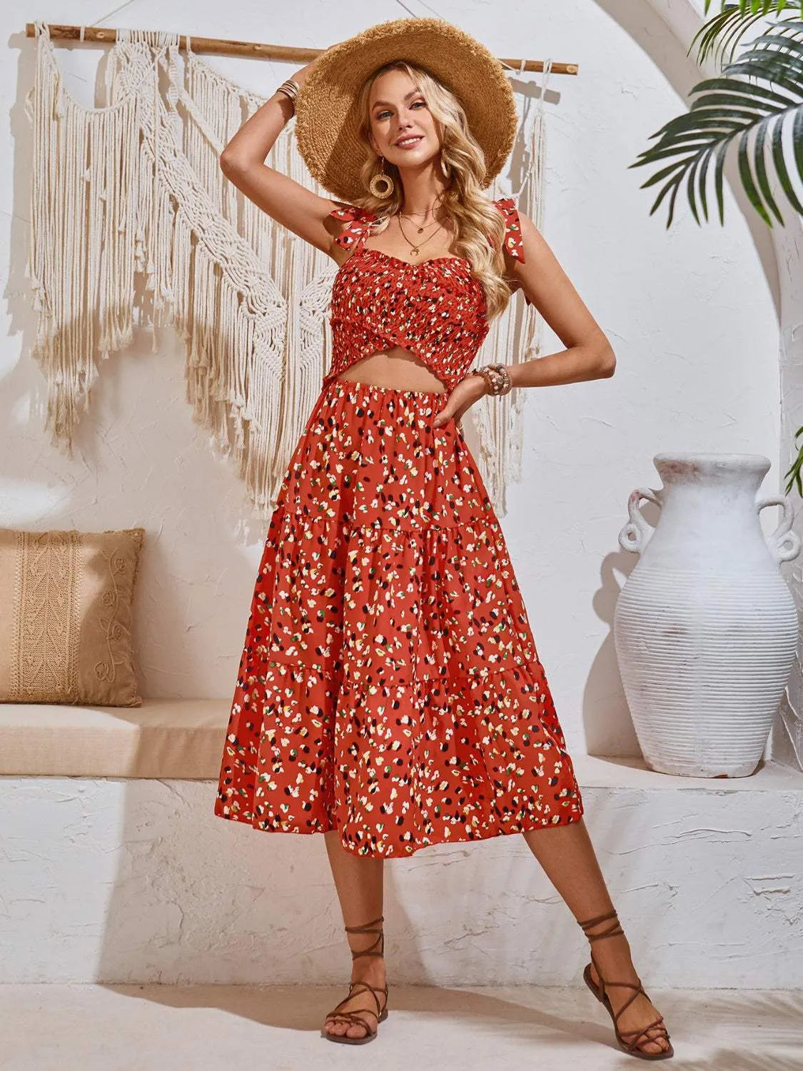 Cutout Printed Tie Shoulder Midi Dress Casual Dresses - Tophatter Daily Deals