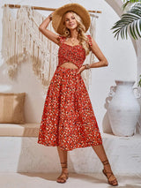 Cutout Printed Tie Shoulder Midi Dress Casual Dresses - Tophatter Daily Deals