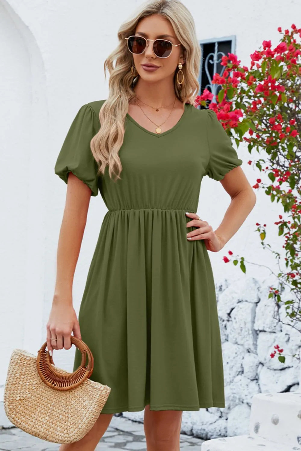 V-Neck Balloon Short Sleeve Dress Casual Dresses - Tophatter Daily Deals