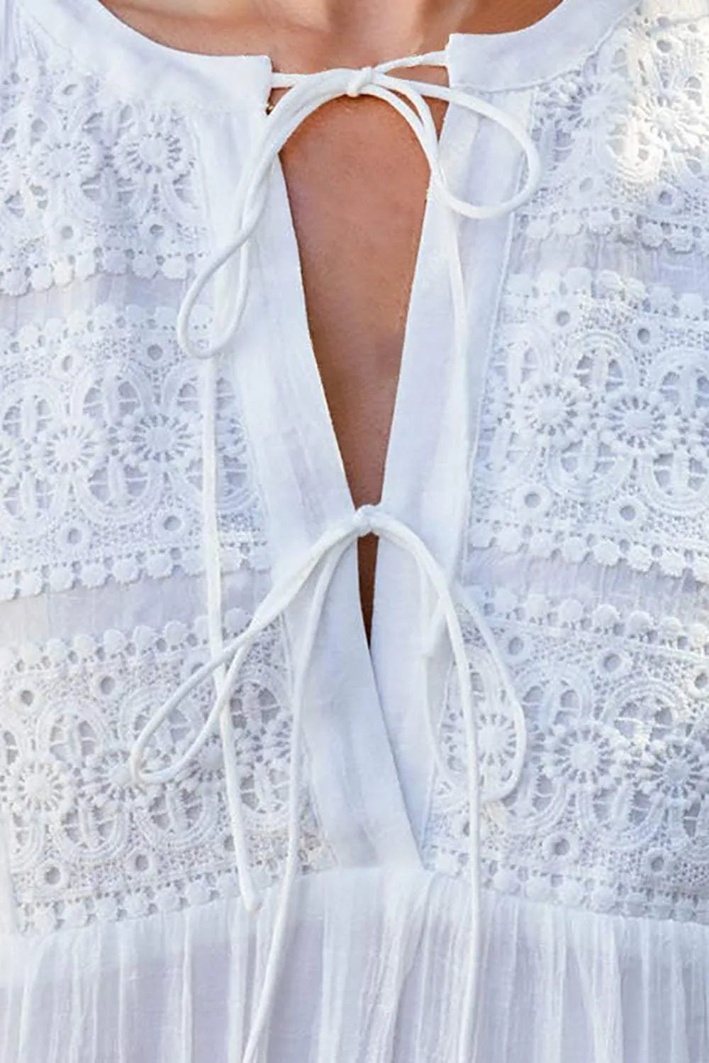 Lace Detail Tie Neck Mini Dress Casual Dresses - Tophatter Daily Deals