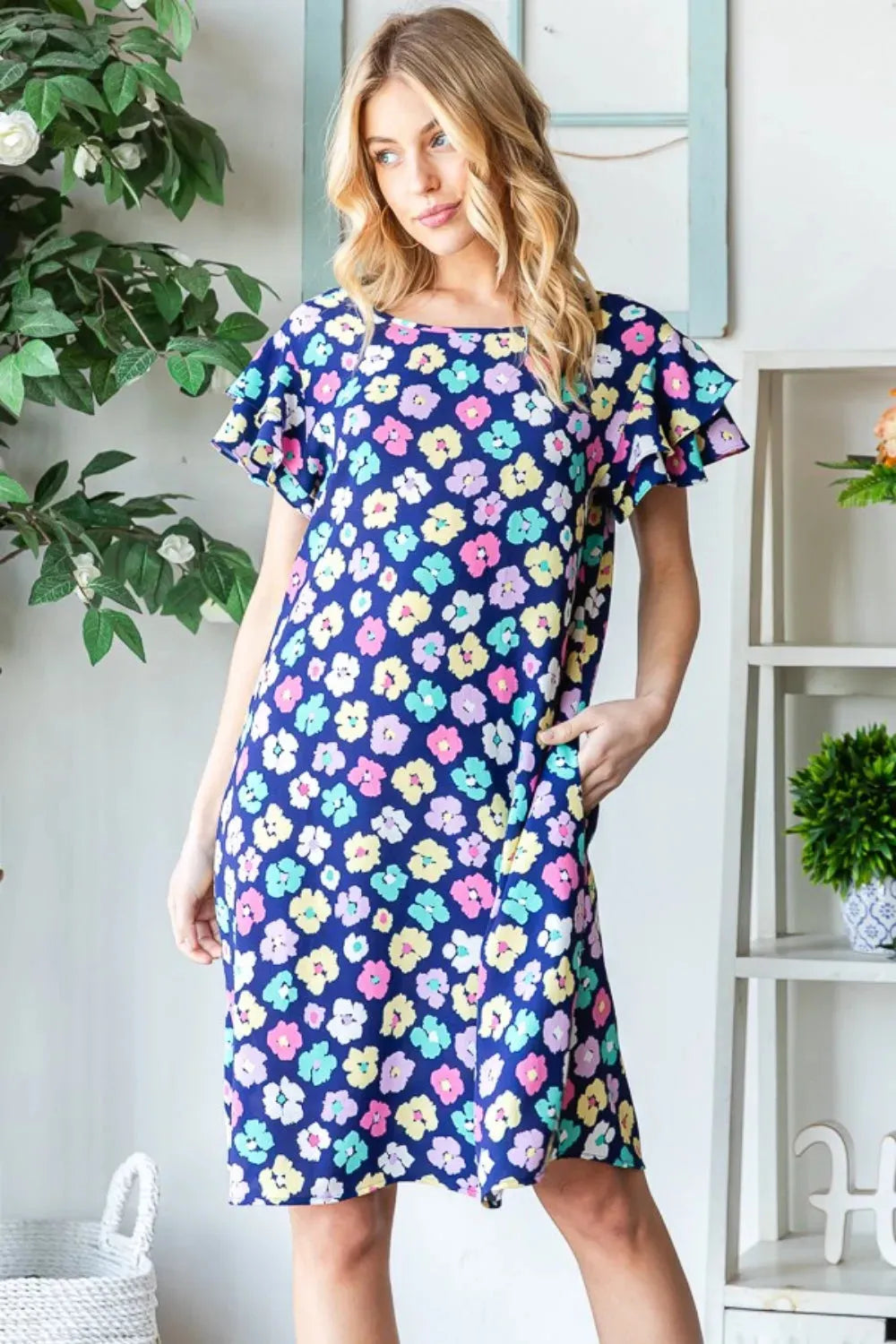 Heimish Full Size Floral Ruffled Short Sleeve Dress with Pockets Casual Dresses - Tophatter Daily Deals