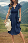 Tied Smocked Waist Flutter Sleeve Dress Navy Casual Dresses - Tophatter Daily Deals