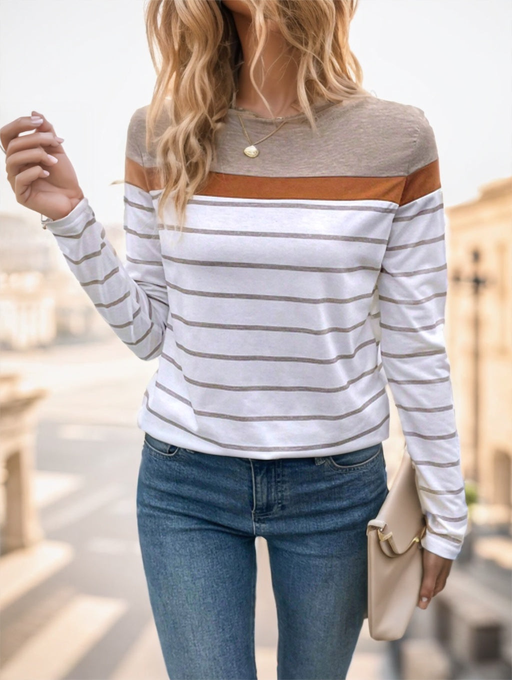 Lightweight Women's Long Sleeve T-Shirt - Striped Yoke Cotton 3D Changing Face Moving Picture Frame - Tophatter Daily Deals