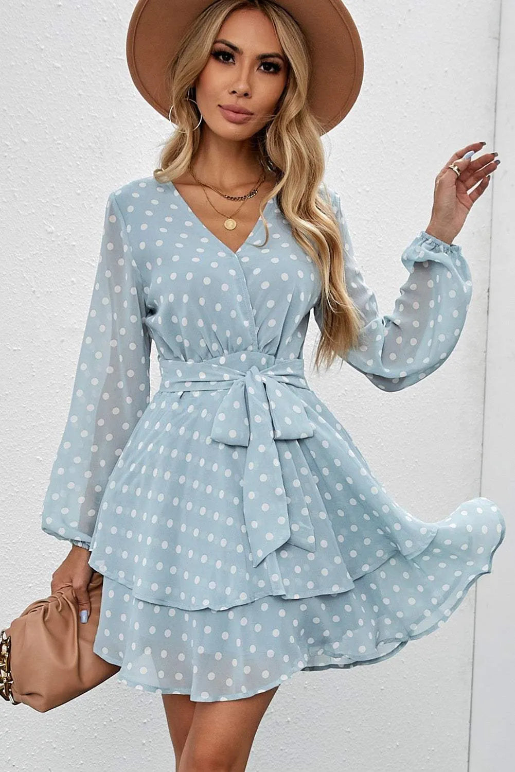 Tied Layered Polka Dot Balloon Sleeve Dress Casual Dresses - Tophatter Daily Deals