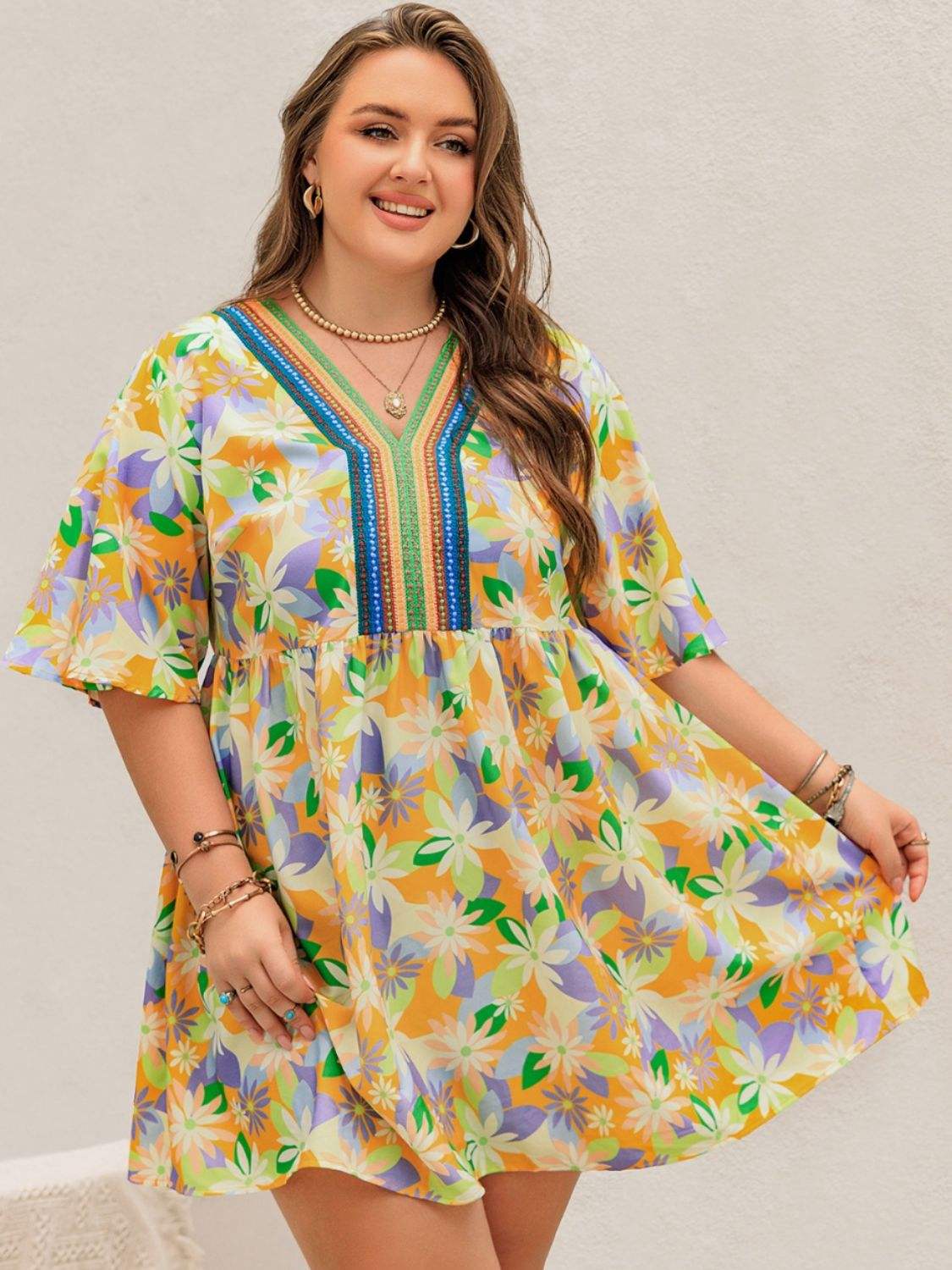 Plus Size Printed V-Neck Half Sleeve Mini Dress Casual Dresses - Tophatter Daily Deals