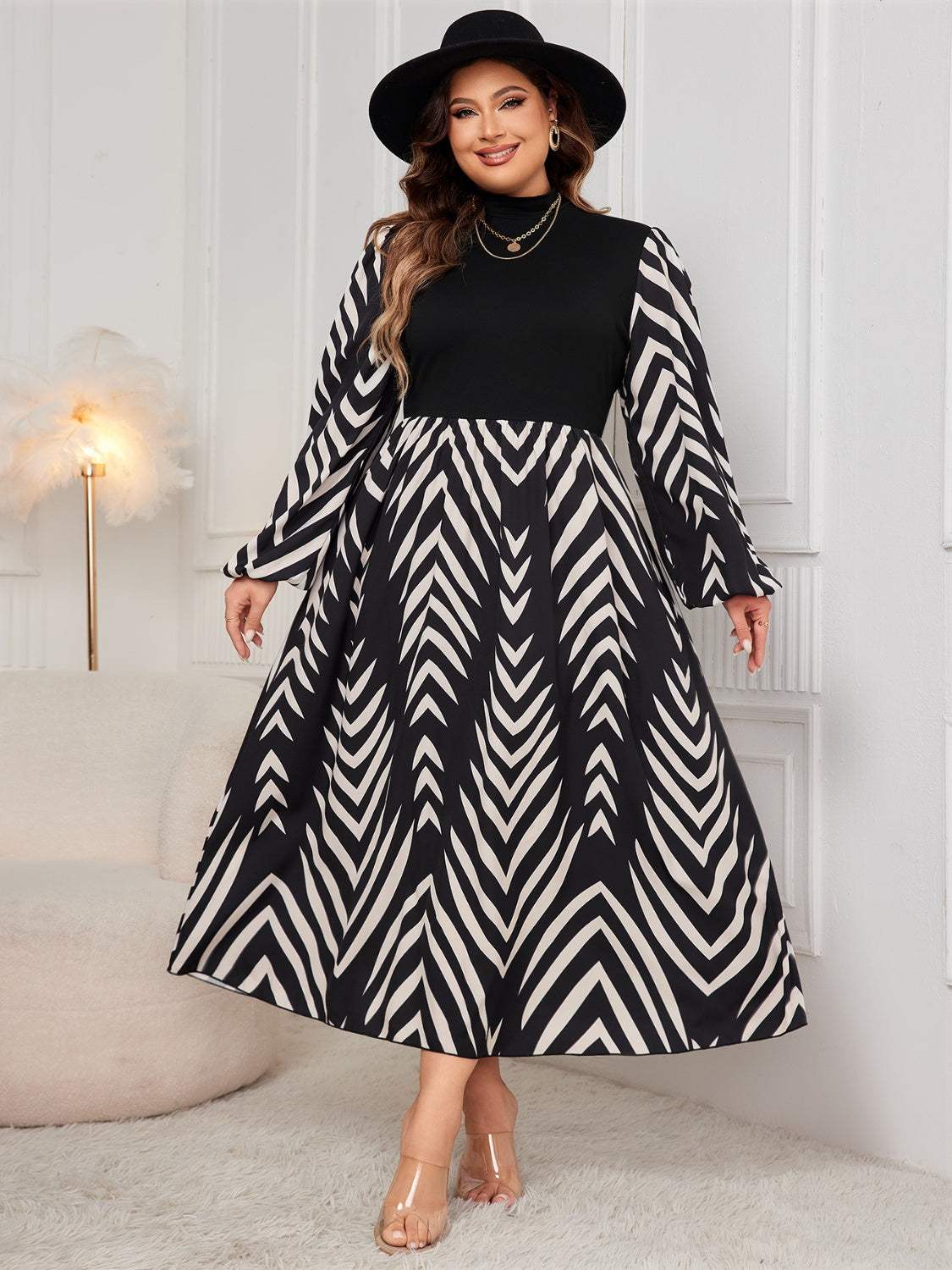 Plus Size Printed Mock Neck Long Sleeve Midi Dress Casual Dresses - Tophatter Daily Deals