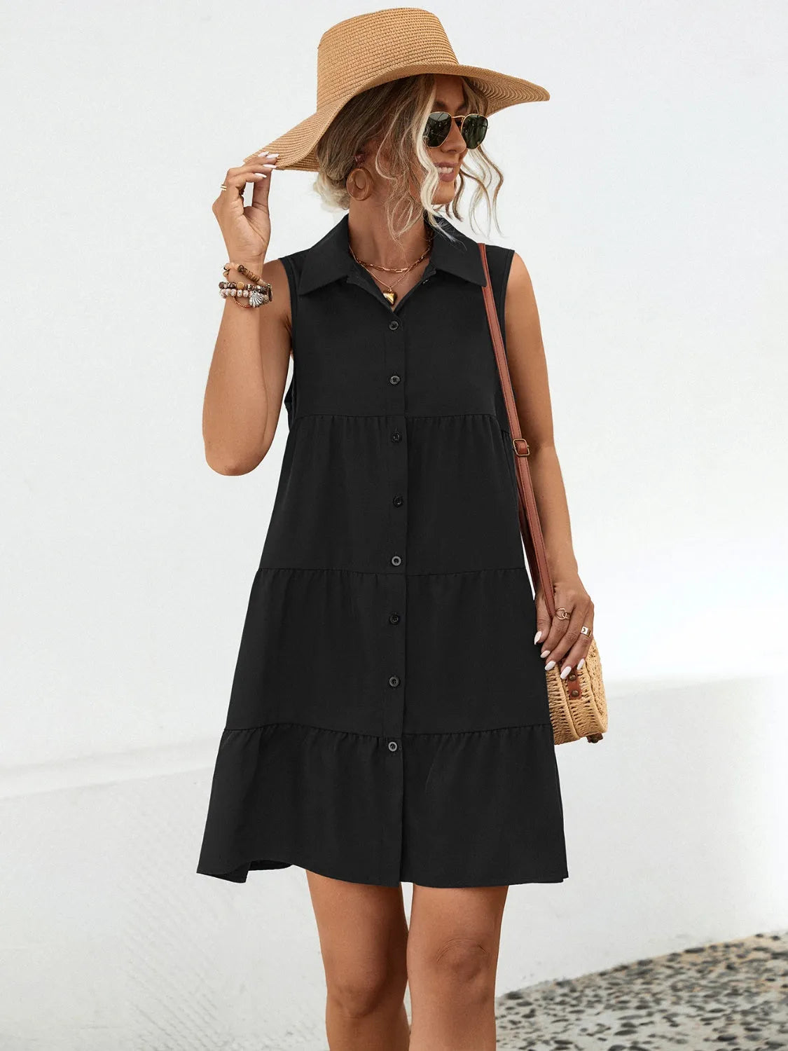 Button Up Sleeveless Mini Dress Black Casual Dresses - Tophatter Daily Deals