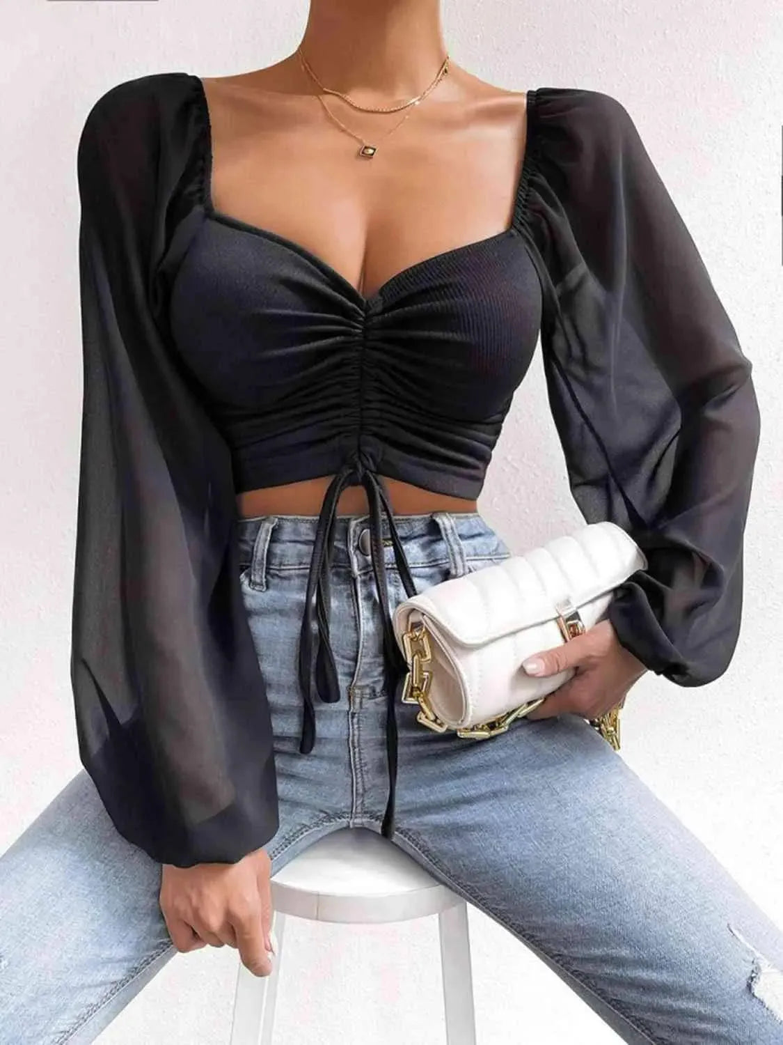 Drawstring Sweetheart Neck Cropped Top Black Blouses - Tophatter Daily Deals