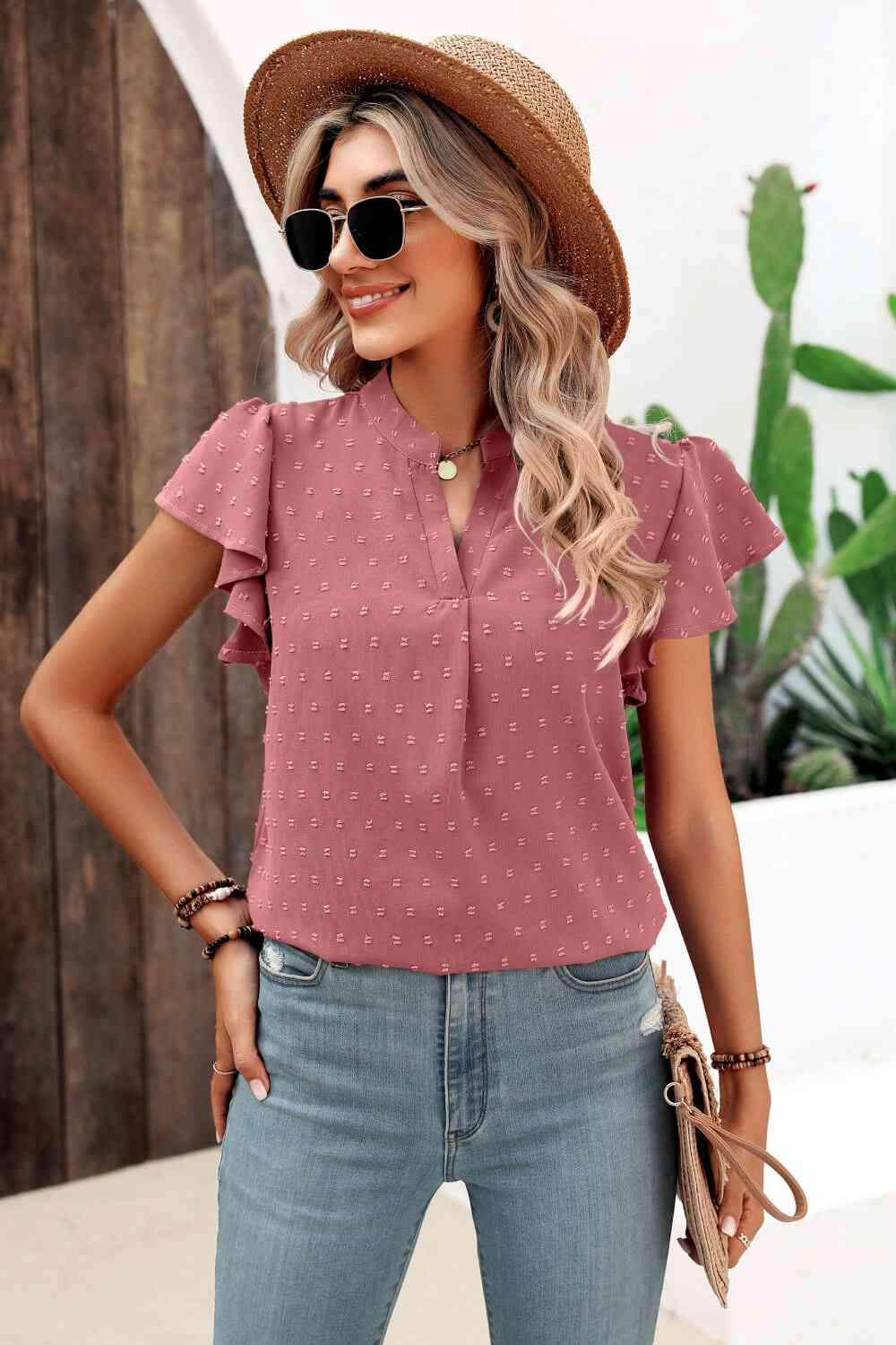 Swiss Dot Flutter Sleeve Notched Neck Blouse Dusty Pink Blouses - Tophatter Daily Deals