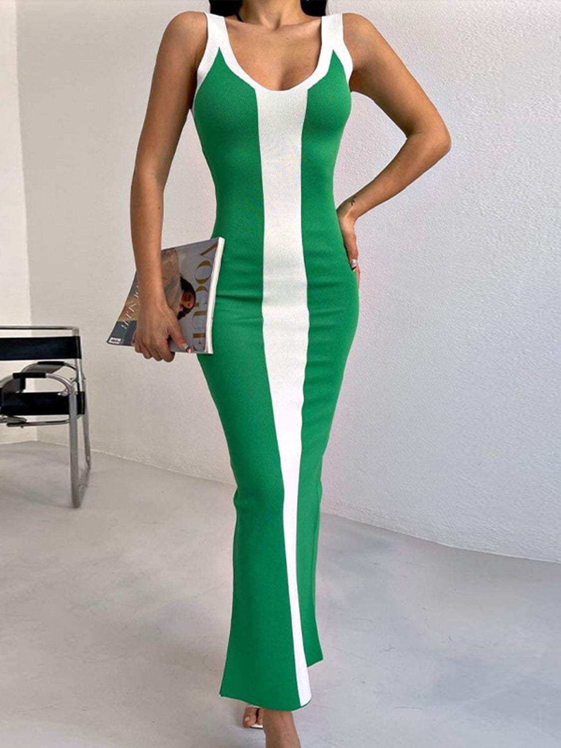 Contrast Wide Strap Slit Midi Dress Mid Green Casual Dresses - Tophatter Daily Deals