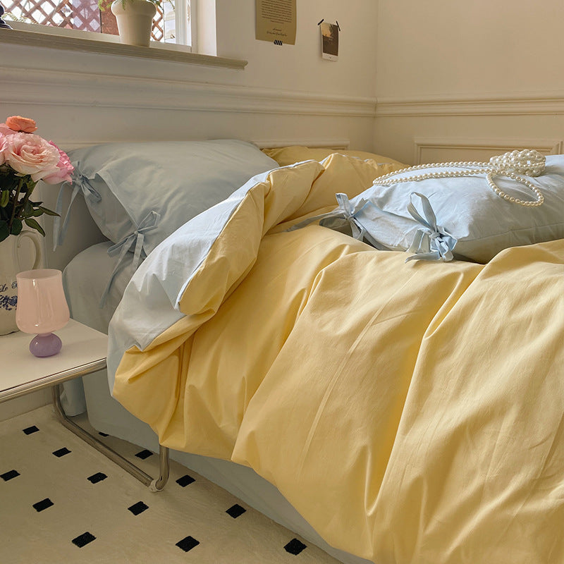 All Cotton Washed Cotton Four-piece Set Soft Comfortable Bow Bedding Custard Ethereal Blue 0 - Tophatter Daily Deals