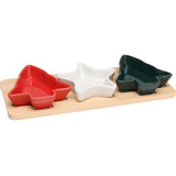 Christmas Serving Set | 3 Ceramic Snack Bowls with Bamboo Paddle Tray Serving Board - Tophatter Daily Deals