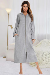 Zip Front Hooded Night Dress with Pockets Light Gray Sleep Dresses - Tophatter Daily Deals