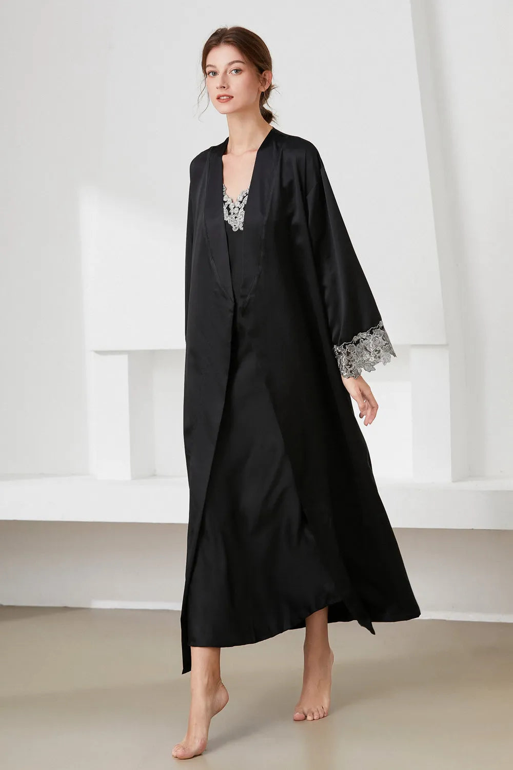 Contrast Lace Trim Satin Night Dress and Robe Set Black Loungewear Sets - Tophatter Daily Deals