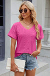 Eyelet V-Neck Short Sleeve T-Shirt Hot Pink Women's T-Shirts - Tophatter Daily Deals