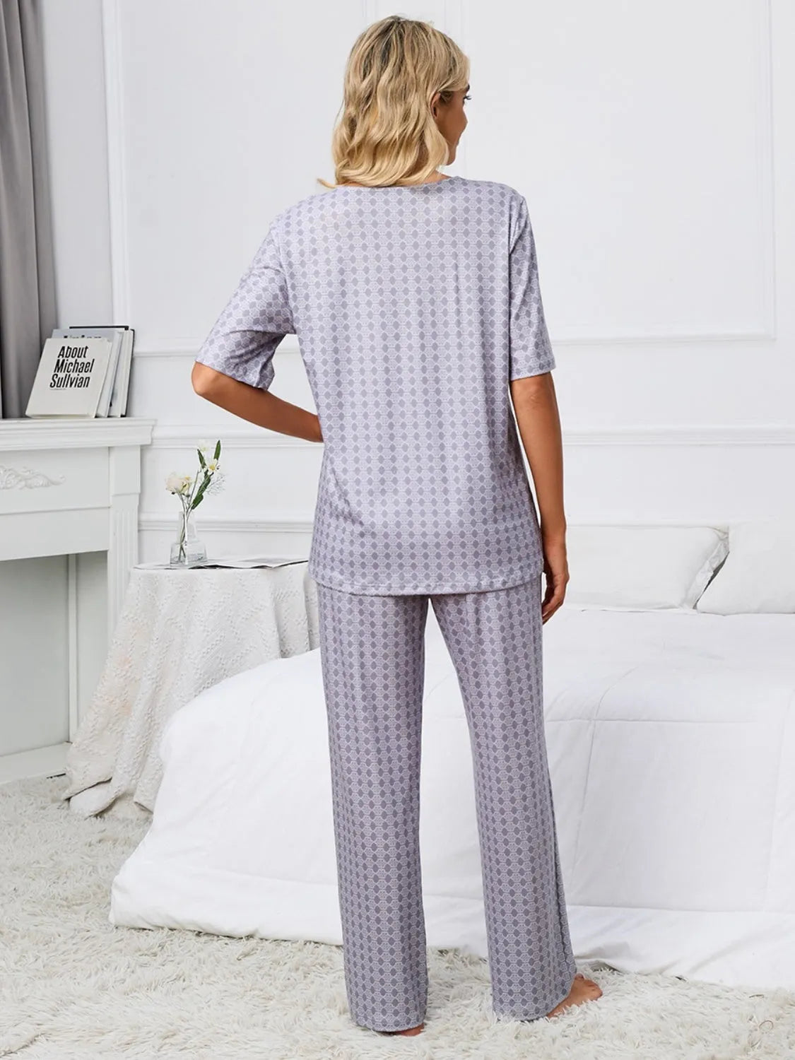 Printed V-Neck Top and Pants Lounge Set Loungewear Sets - Tophatter Daily Deals