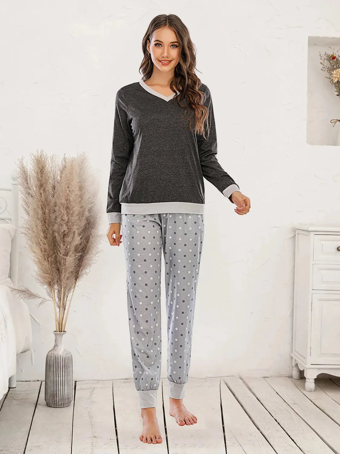 Long Sleeve Top and Polka Dot Pants Set Black Loungewear Sets - Tophatter Daily Deals