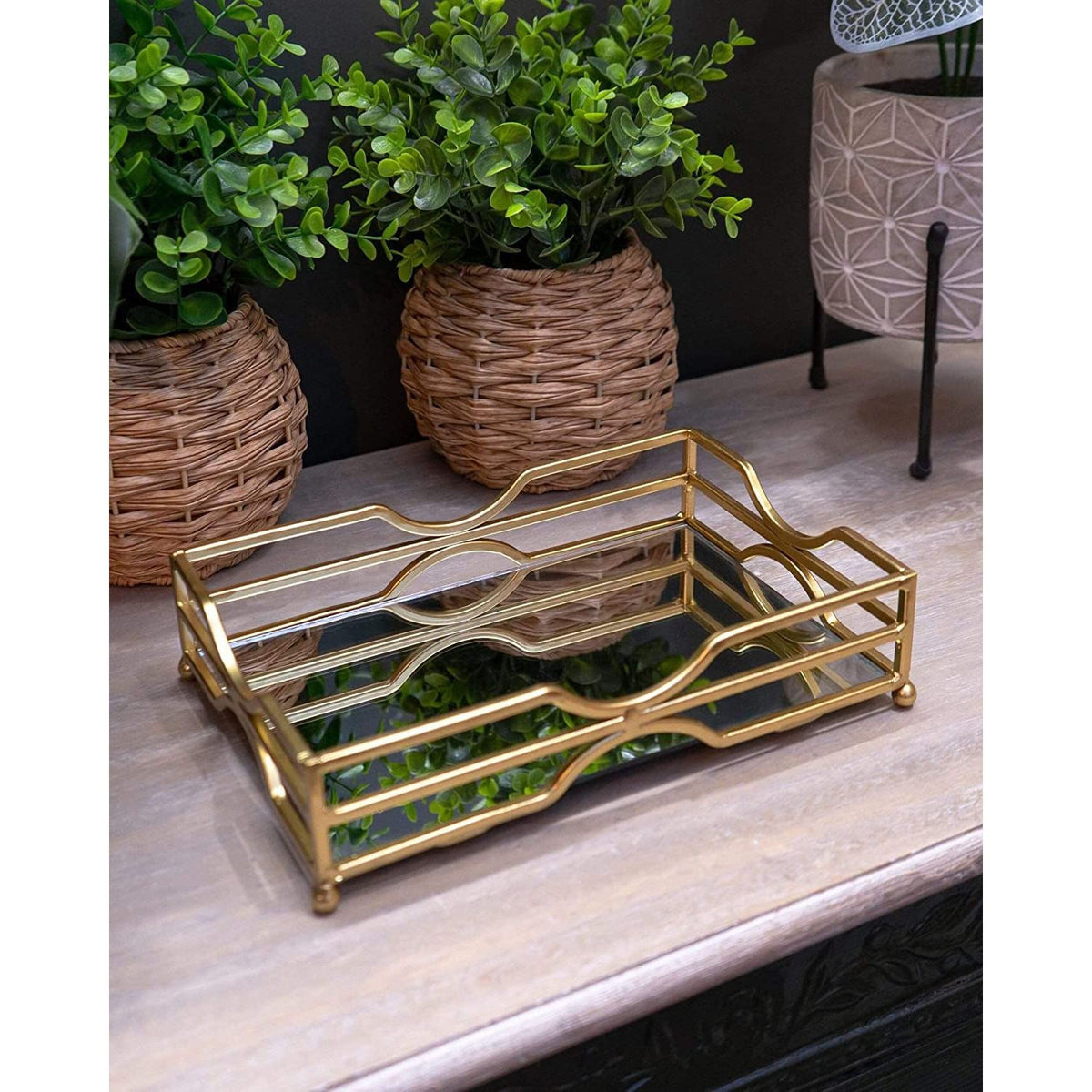 Gold Metal Mirrored Vanity Tray For Perfume And Candles | Glass Mirror Tray 24cm Trinket Tray - Tophatter Daily Deals