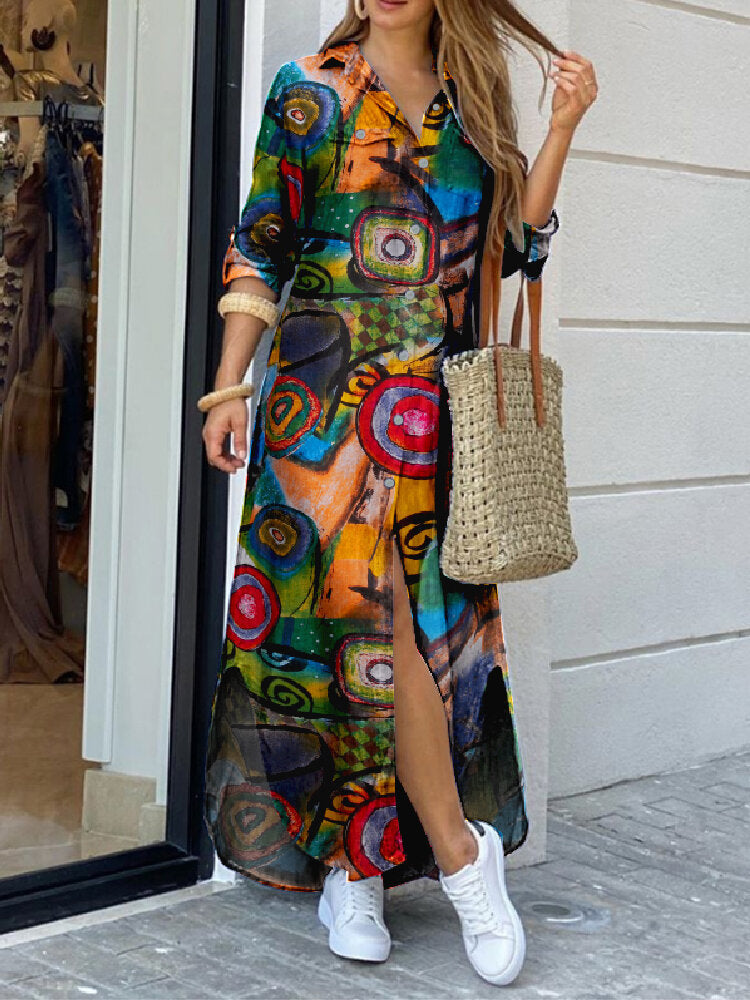 Vintage Geometry Print Lapel Long Sleeve Double Pocket Maxi Shirt Women Maxi Dress Abstract Red Maxi Dresses - Tophatter Daily Deals