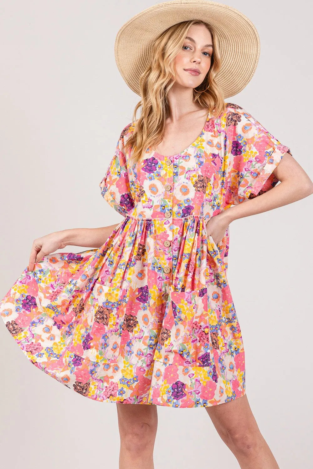 SAGE + FIG Floral Short Sleeve Babydoll Dress with Pockets Multi Casual Dresses - Tophatter Daily Deals