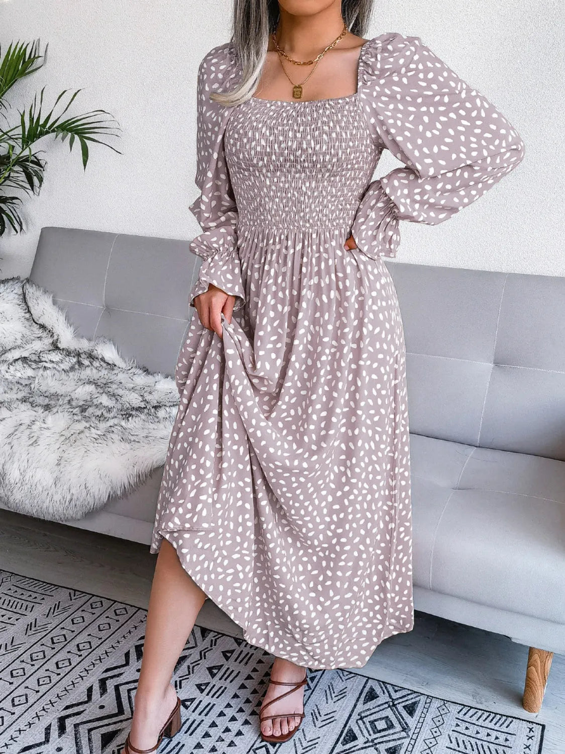 Smocked Square Neck Flounce Sleeve Dress Casual Dresses - Tophatter Daily Deals