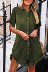 Ruffled Button Up Short Sleeve Dress Army Green Casual Dresses - Tophatter Daily Deals