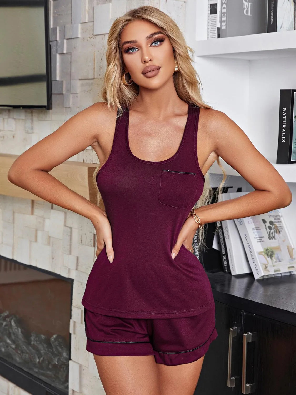 Scoop Neck Wide Strap Tank and Shorts Lounge Set Burgundy Loungewear Sets - Tophatter Daily Deals