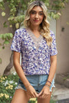 Floral V-Neck Short Sleeve T-Shirt Purple Women's T-Shirts - Tophatter Daily Deals