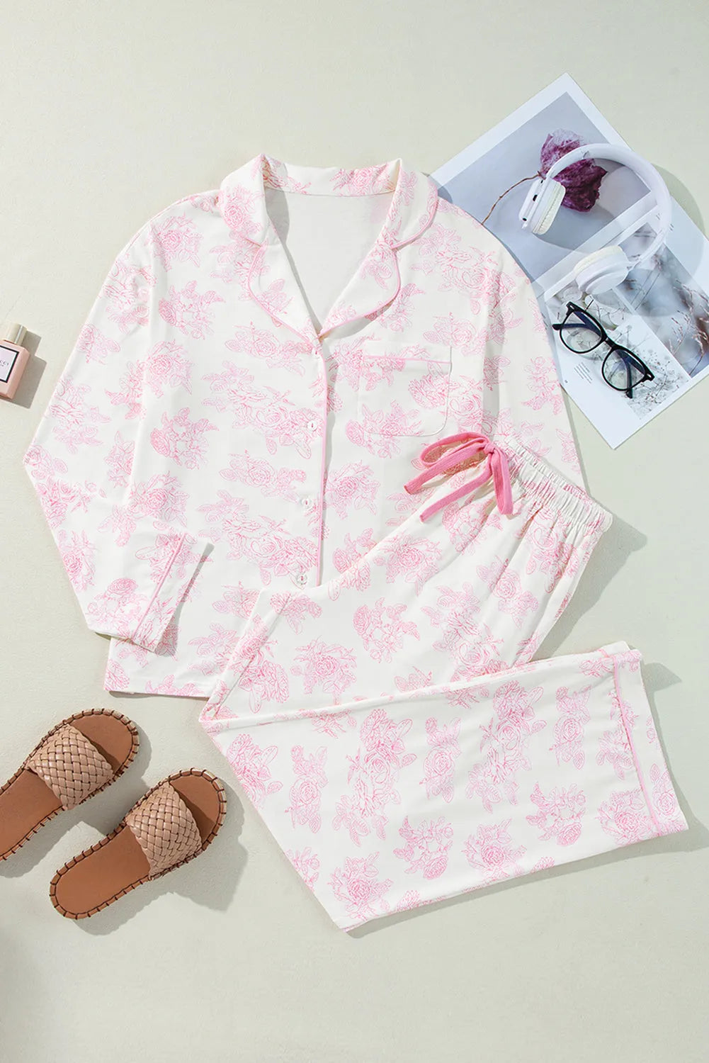 Pink Floral Long Sleeve and Pants Pajamas Set Loungewear & Sleepwear/Sleepwear - Tophatter Daily Deals