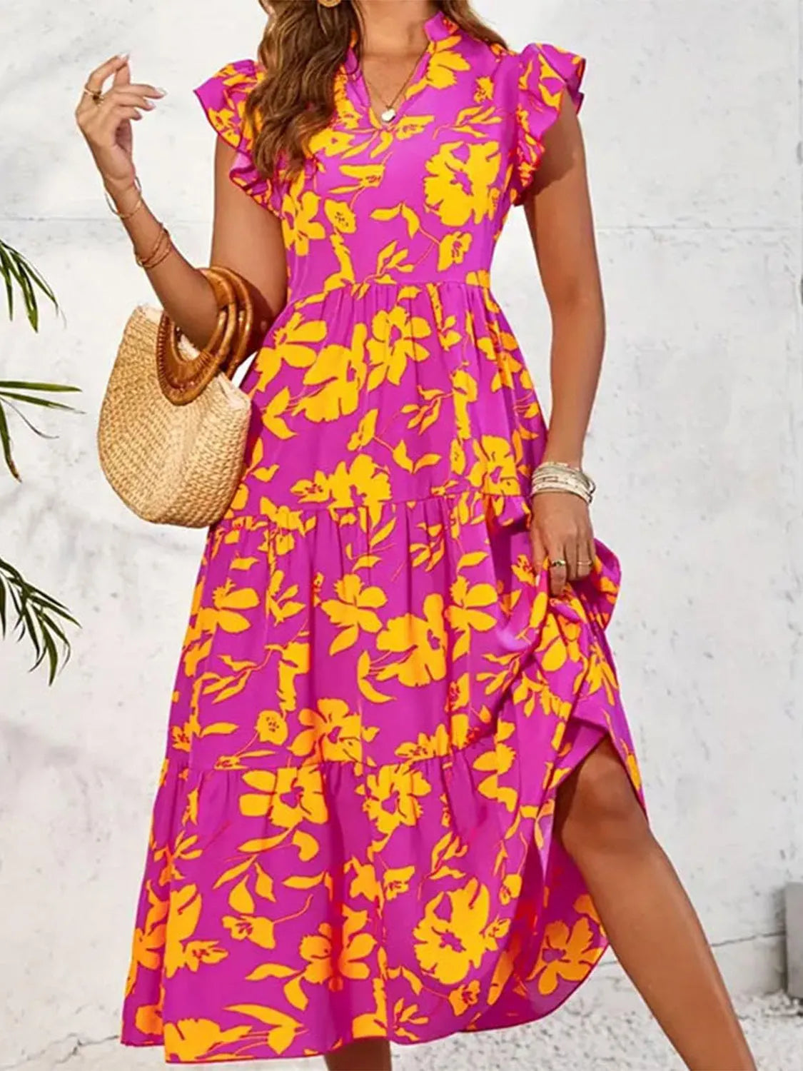 Ruffled Printed Cap Sleeve Midi Dress Casual Dresses - Tophatter Daily Deals