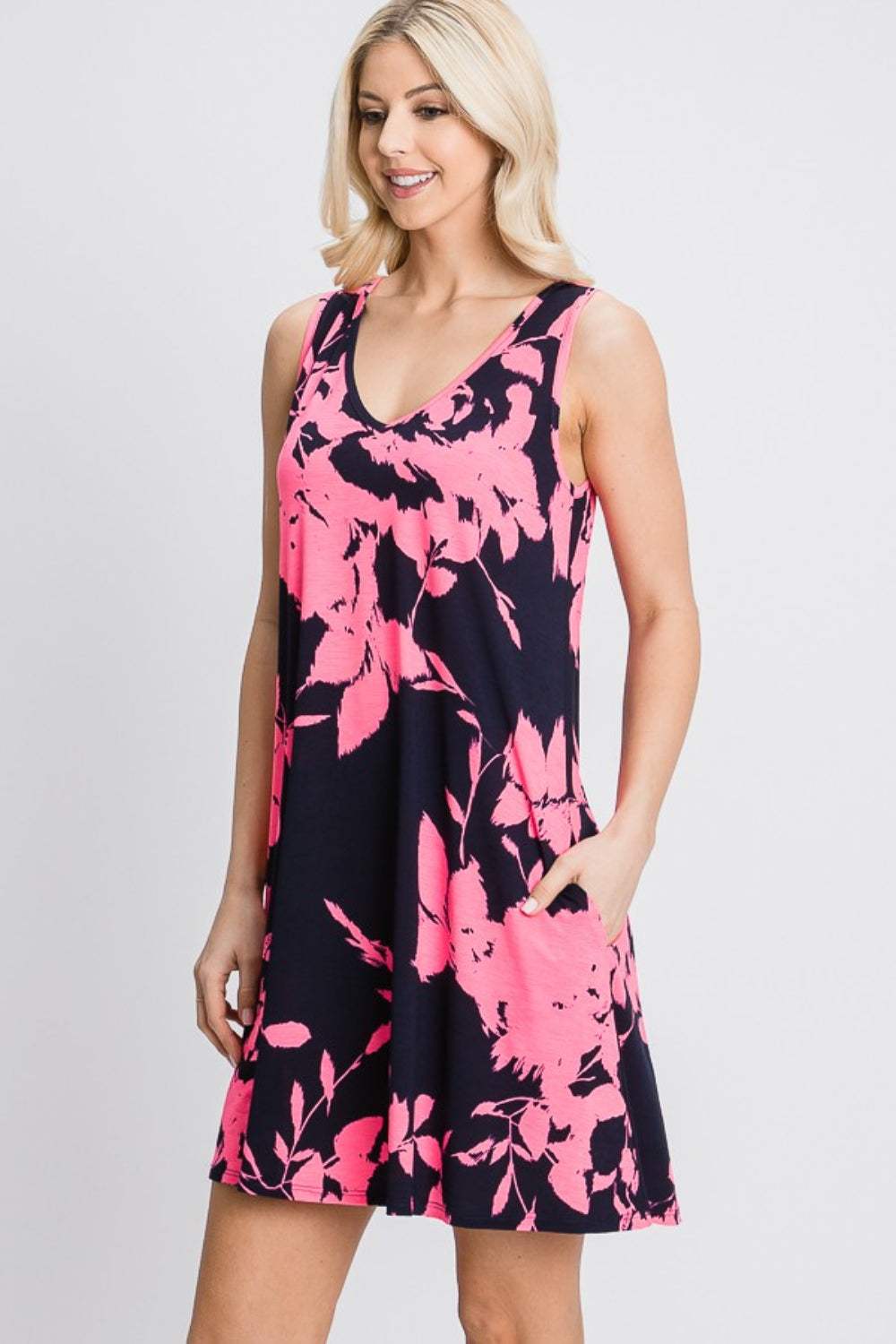 Heimish Full Size Floral V-Neck Tank Dress with Pockets Casual Dresses - Tophatter Daily Deals