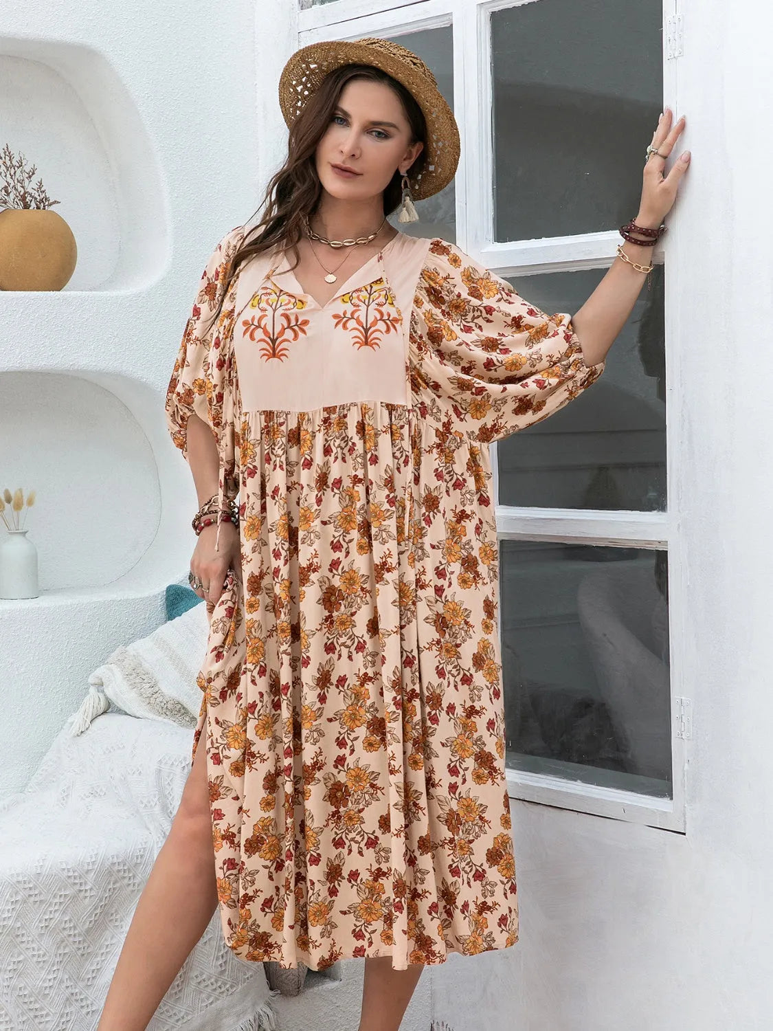 Plus Size Printed Tie Neck Half Sleeve Midi Dress Casual Dresses - Tophatter Daily Deals