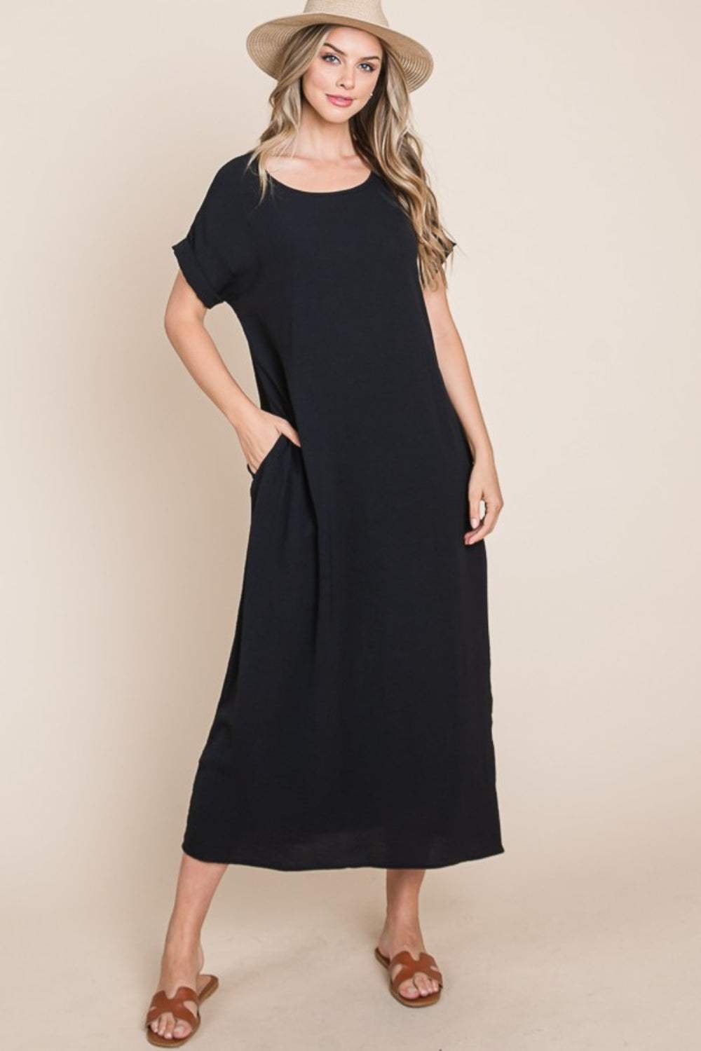 BOMBOM Round Neck Short Sleeve Midi Dress with Pockets Casual Dresses - Tophatter Daily Deals