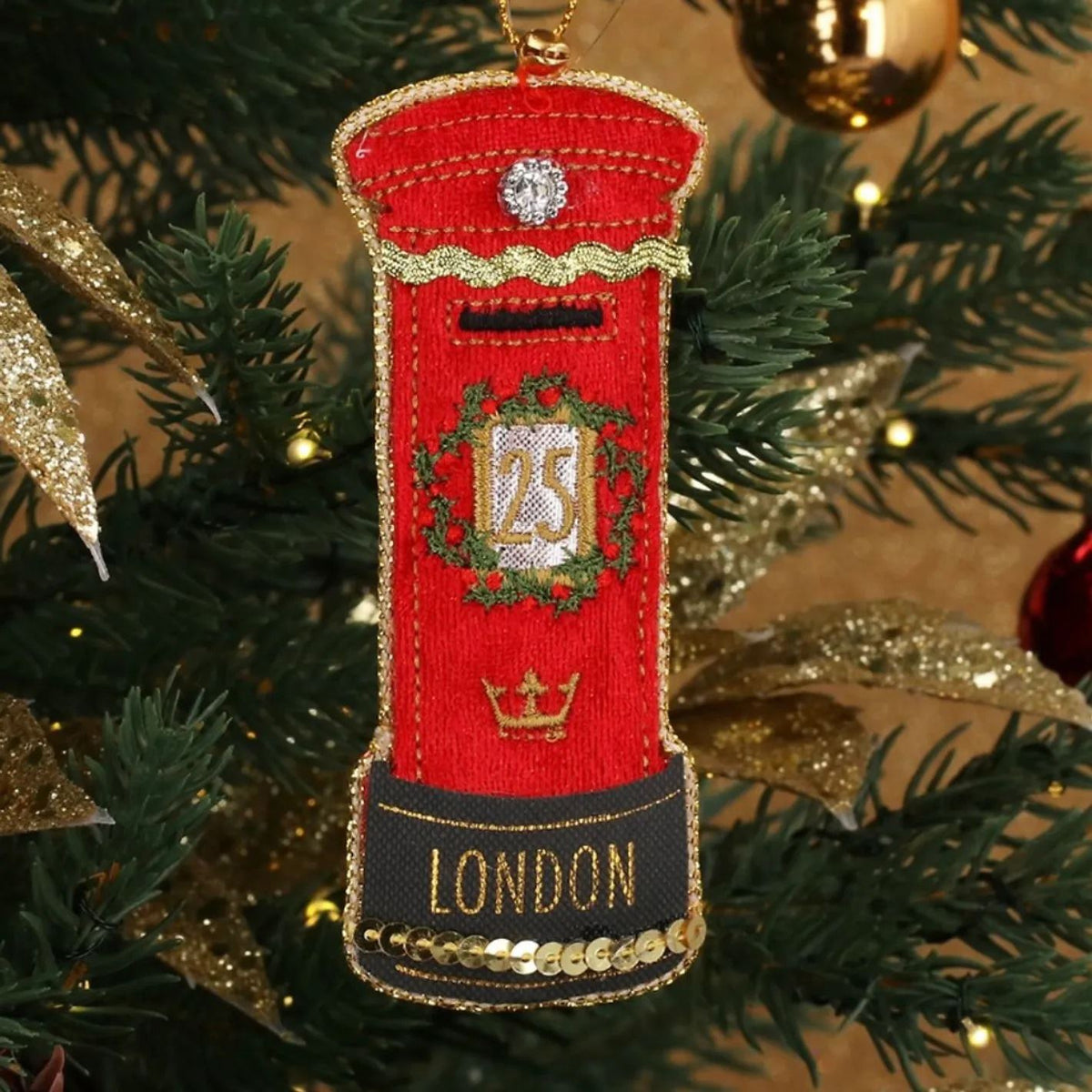 London Postbox Bauble | Luxury Fabric Christmas Tree Hanging Ornament - 11cm Baubles - Tophatter Daily Deals