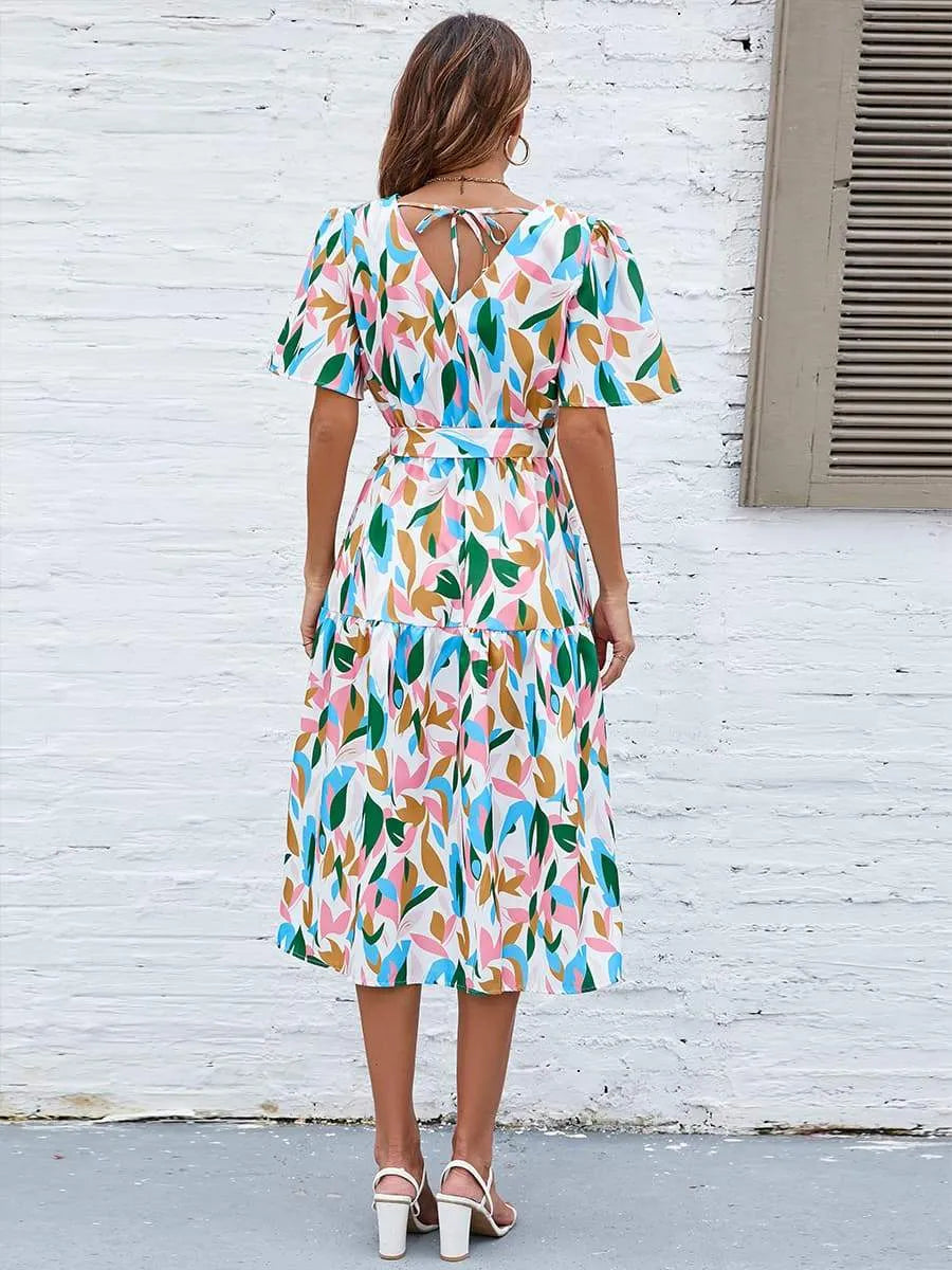 Printed Tie-Waist V-Neck Flutter Sleeve Dress Casual Dresses - Tophatter Daily Deals
