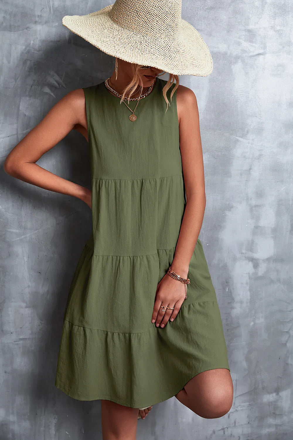 Sleeveless Round Neck Tiered Dress Amry Green Casual Dresses - Tophatter Daily Deals