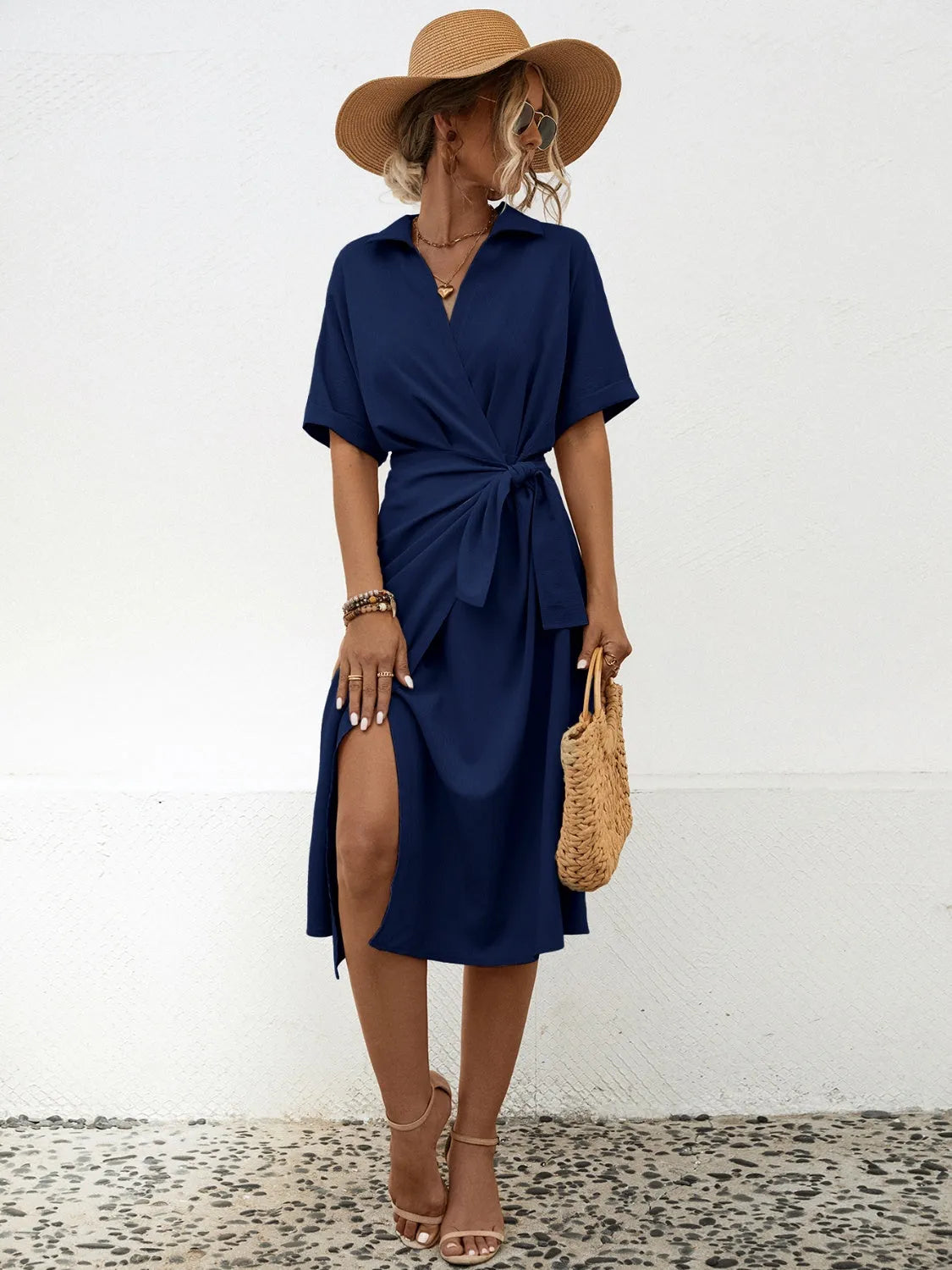 Tied Slit Short Sleeve Dress Navy Casual Dresses - Tophatter Daily Deals