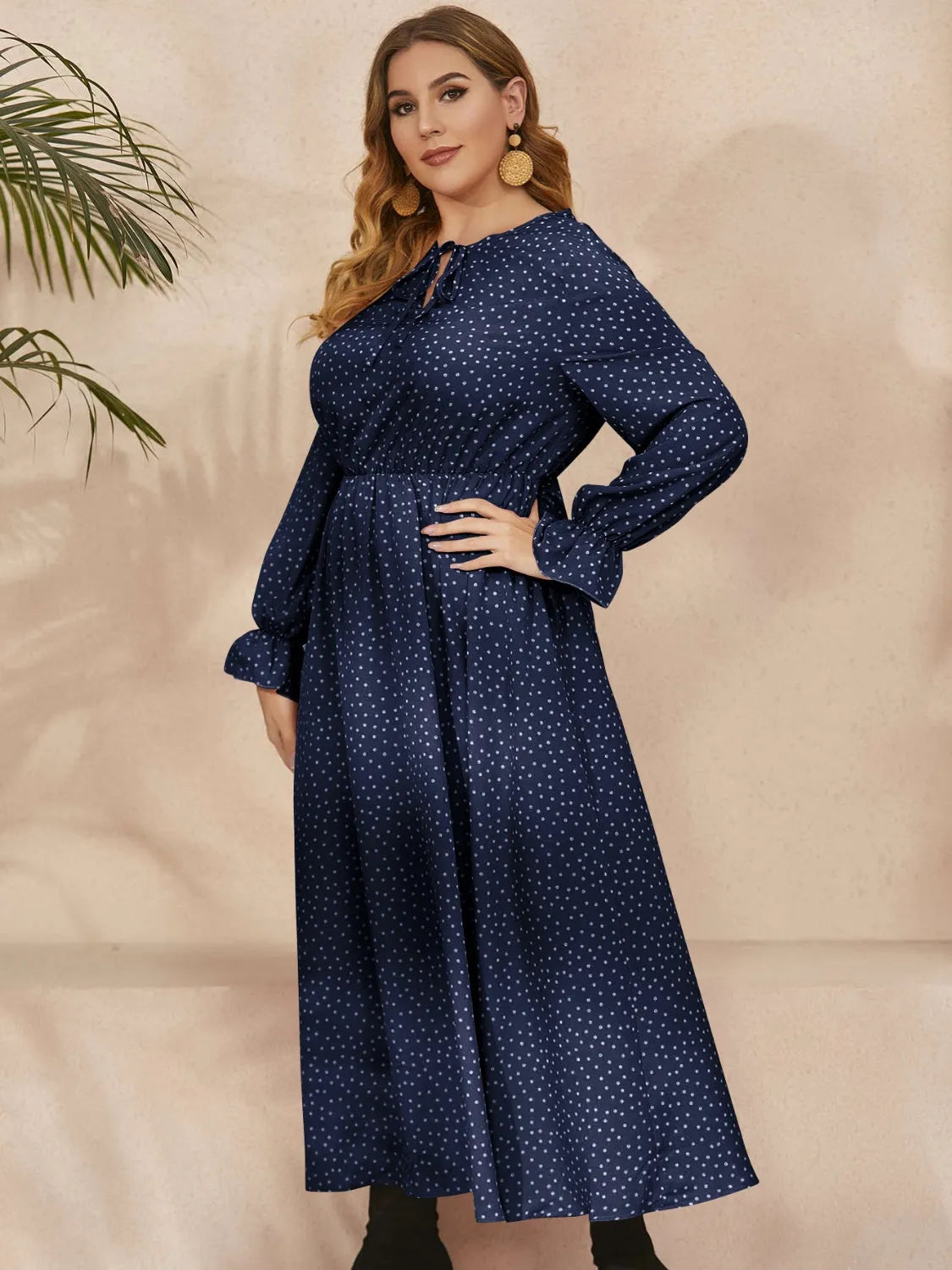 Plus Size Ruffled Polka Dot Long Sleeve Midi Dress Casual Dresses - Tophatter Daily Deals