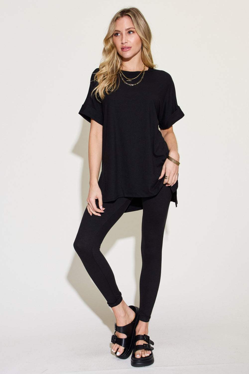 Zenana Plus Size Short Sleeve Slit T-Shirt and Leggings Lounge Set Black Loungewear Sets - Tophatter Daily Deals