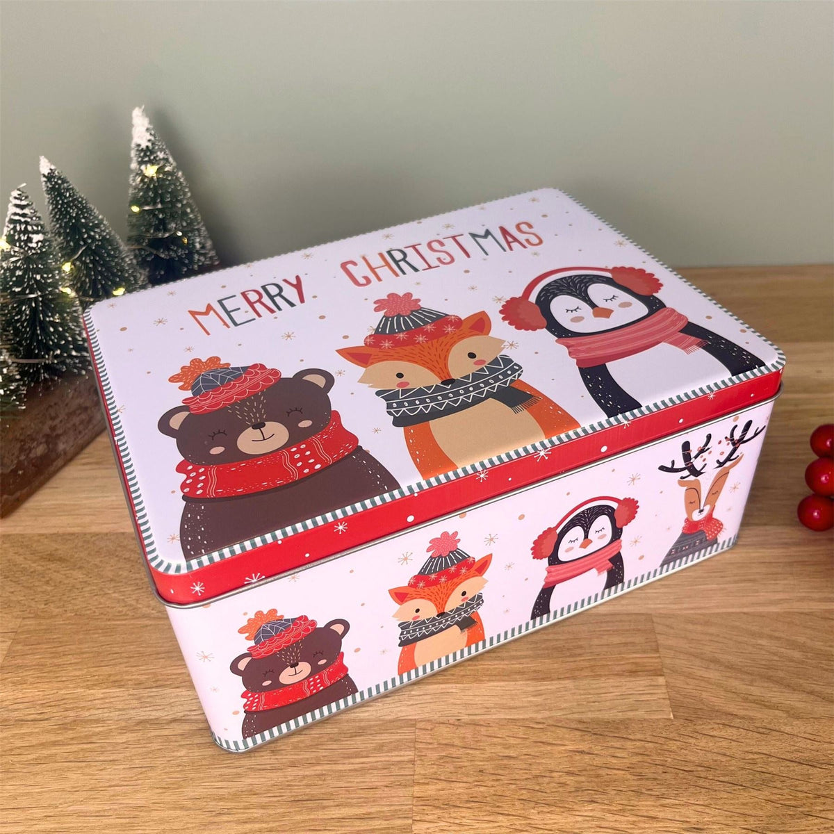 Merry Christmas Biscuit Tin | Animal Friends Cookie & Cake Storage Tin - 22x16cm Tin - Tophatter Daily Deals
