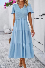 Swiss Dot Short Sleeve Smocked Dress Pastel Blue Casual Dresses - Tophatter Daily Deals