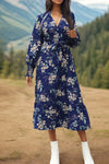 Printed Notched Lantern Sleeve Midi Dress Casual Dresses - Tophatter Daily Deals