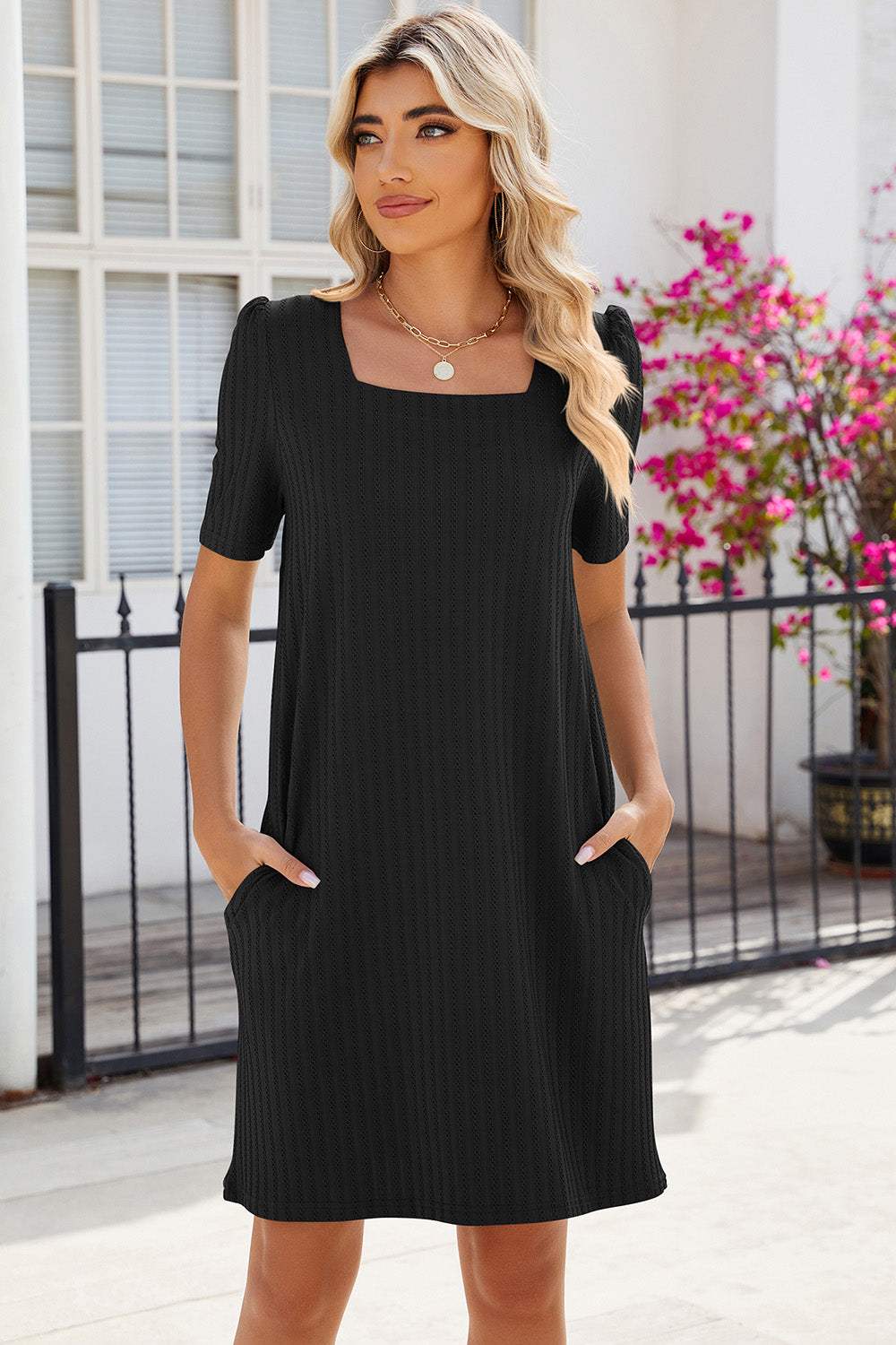 Pocketed Square Neck Short Sleeve Dress Casual Dresses - Tophatter Daily Deals