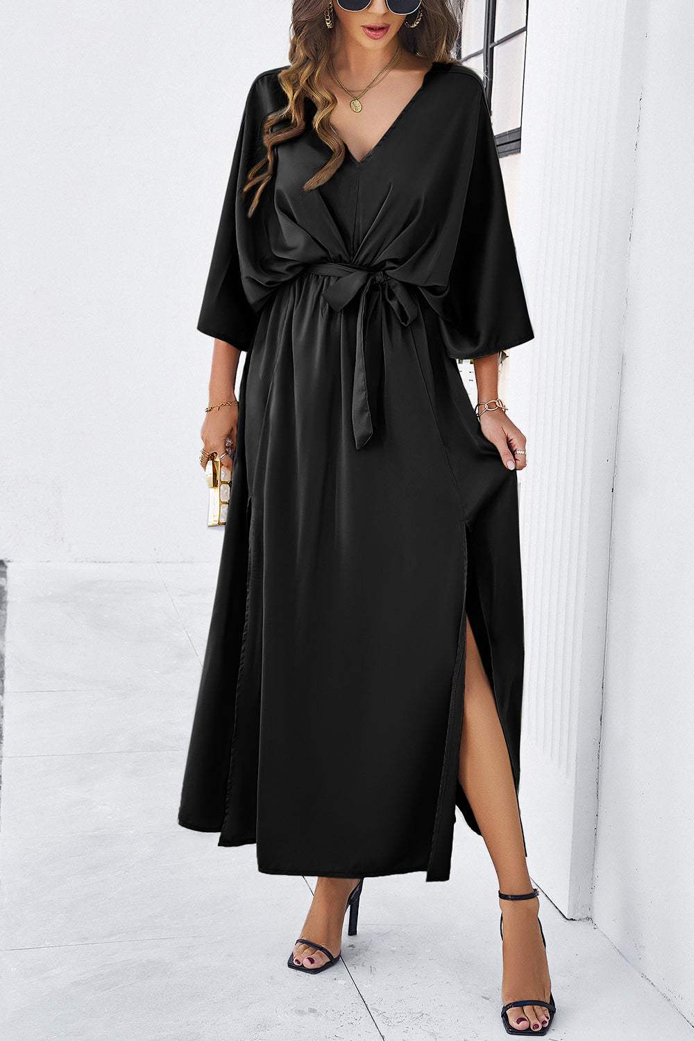 Slit Tied V-Neck Three-Quarter Sleeve Dress Casual Dresses - Tophatter Daily Deals