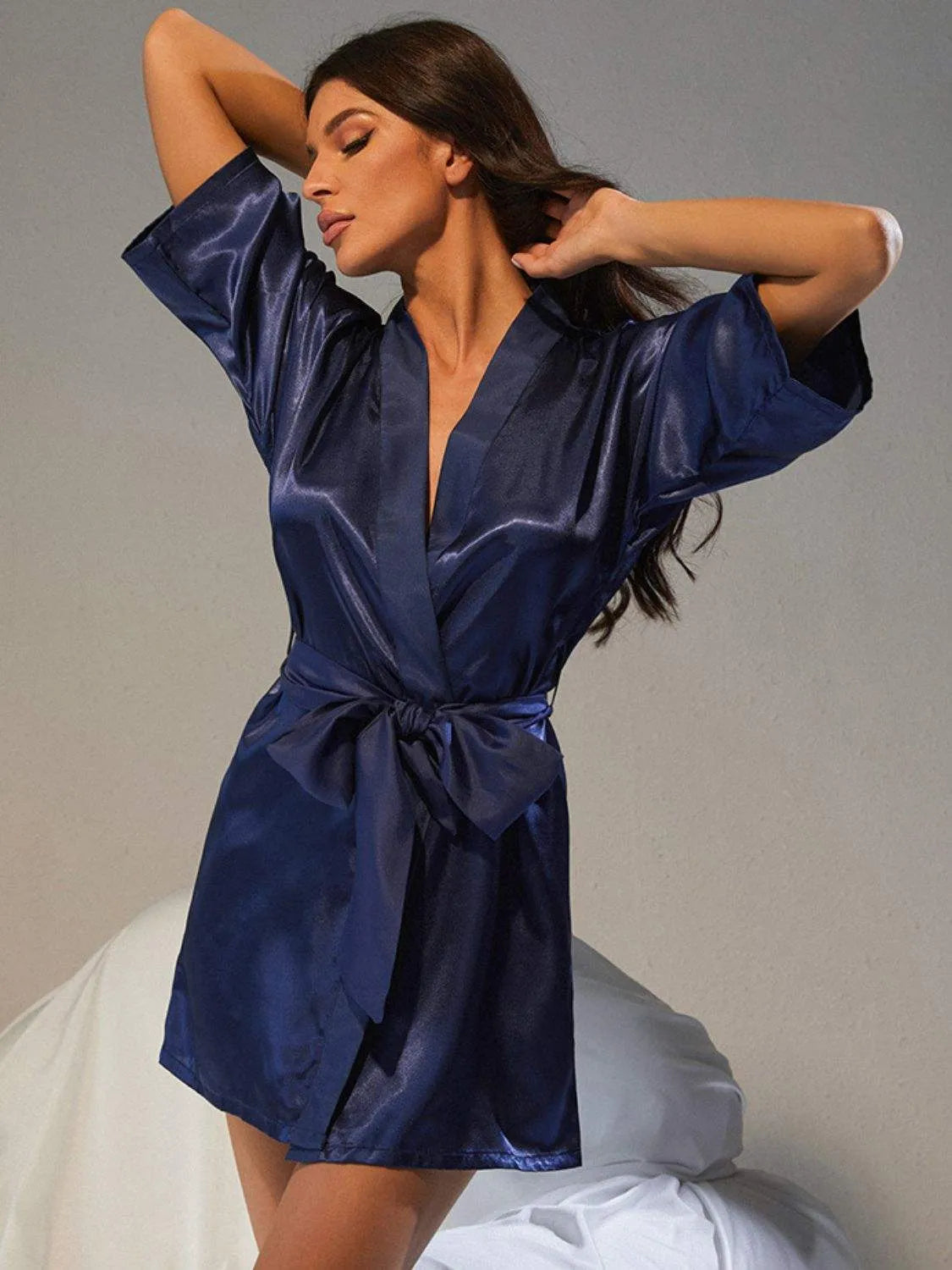 Belted Half Sleeve Robe Navy Sleep Dresses - Tophatter Daily Deals