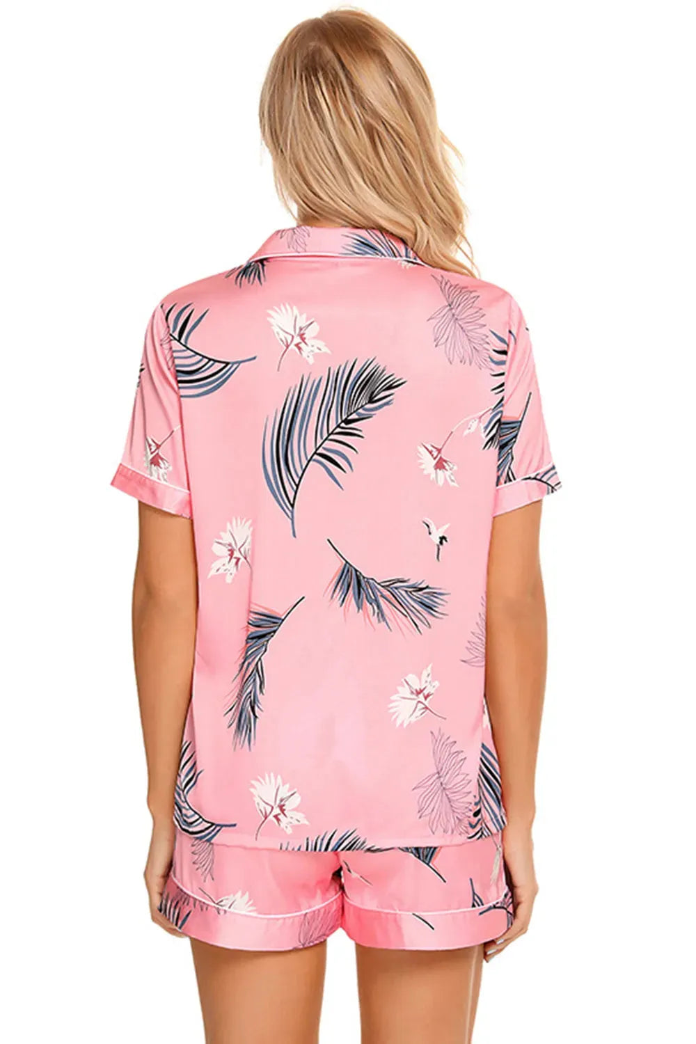 Printed Button Up Short Sleeve Top and Shorts Lounge Set Loungewear Sets - Tophatter Daily Deals