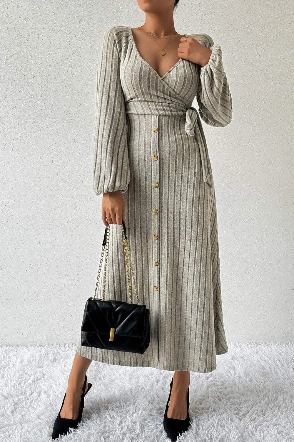 Surplice Tied Balloon Sleeve Midi Dress Cocktail Dresses - Tophatter Daily Deals