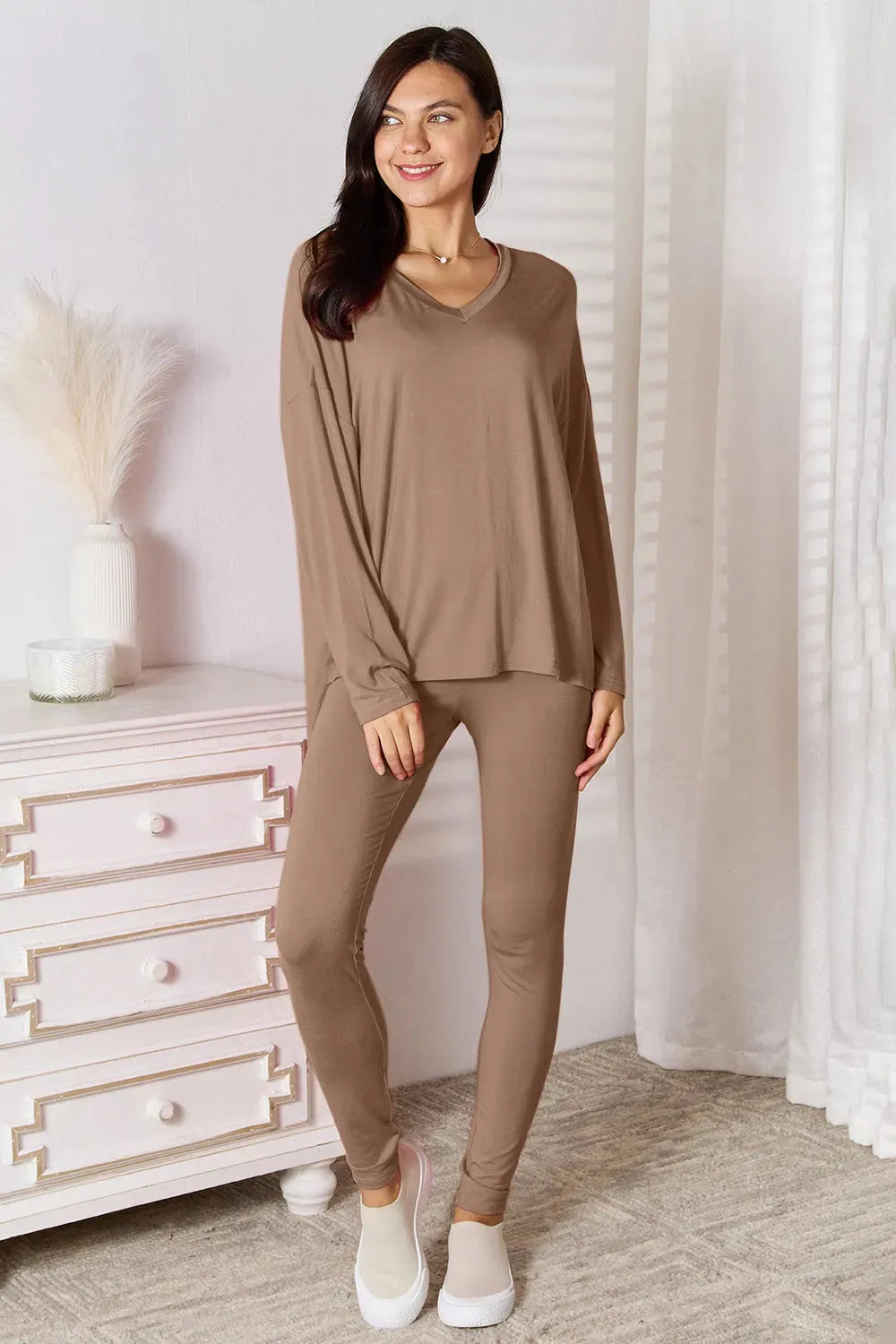 Basic Bae Full Size V-Neck Soft Rayon Long Sleeve Top and Pants Lounge Set Mocha Loungewear Sets - Tophatter Daily Deals