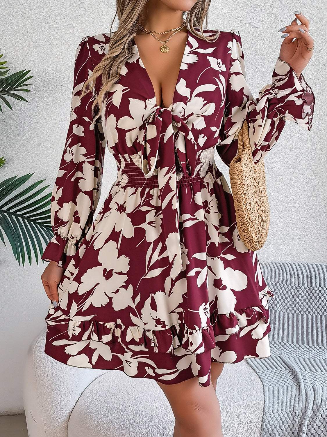 Tied Ruffled Printed Long Sleeve Dress Casual Dresses - Tophatter Daily Deals