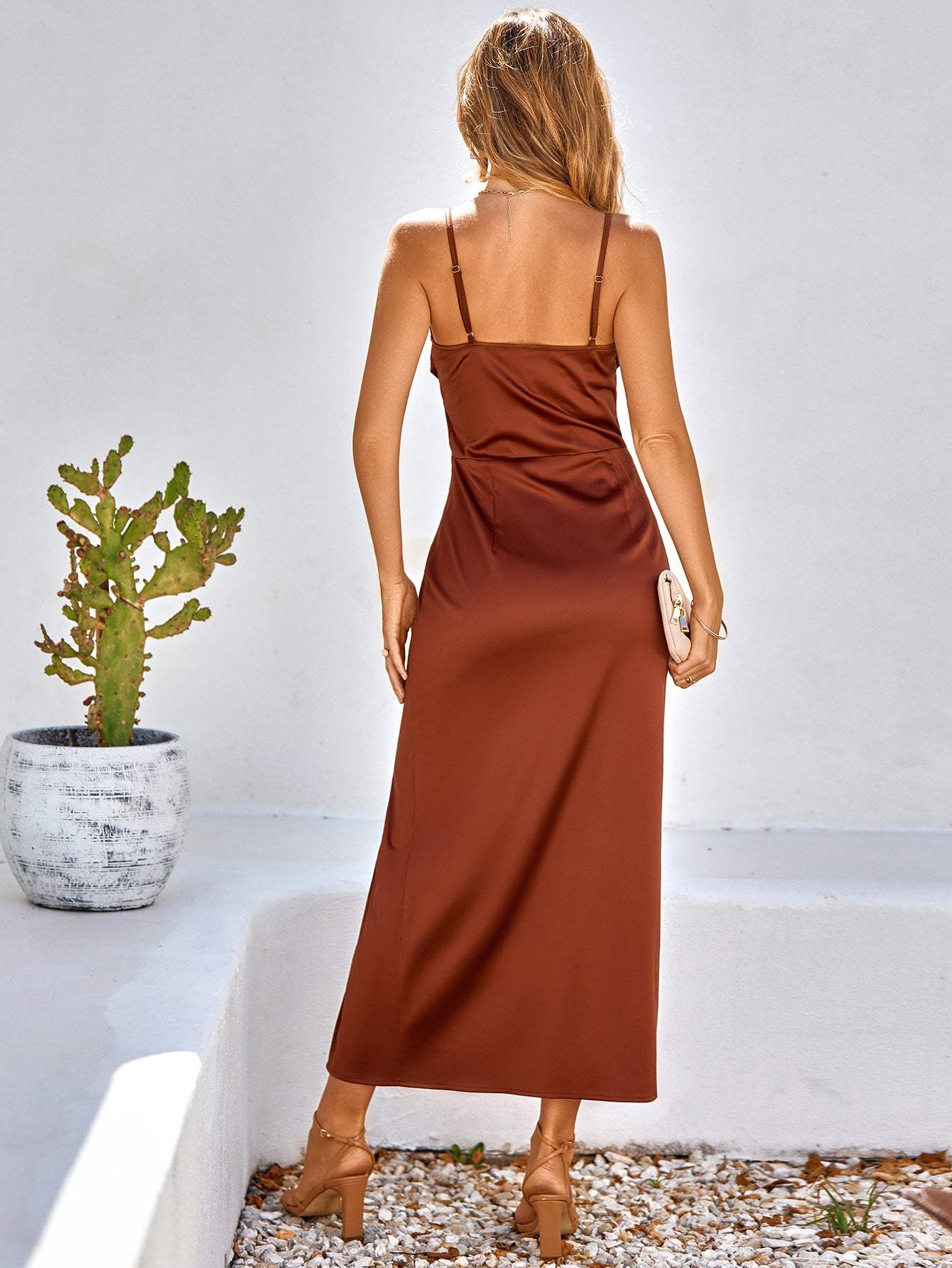 Pleated Detail Spaghetti Strap Slit Dress Cocktail Dresses - Tophatter Daily Deals